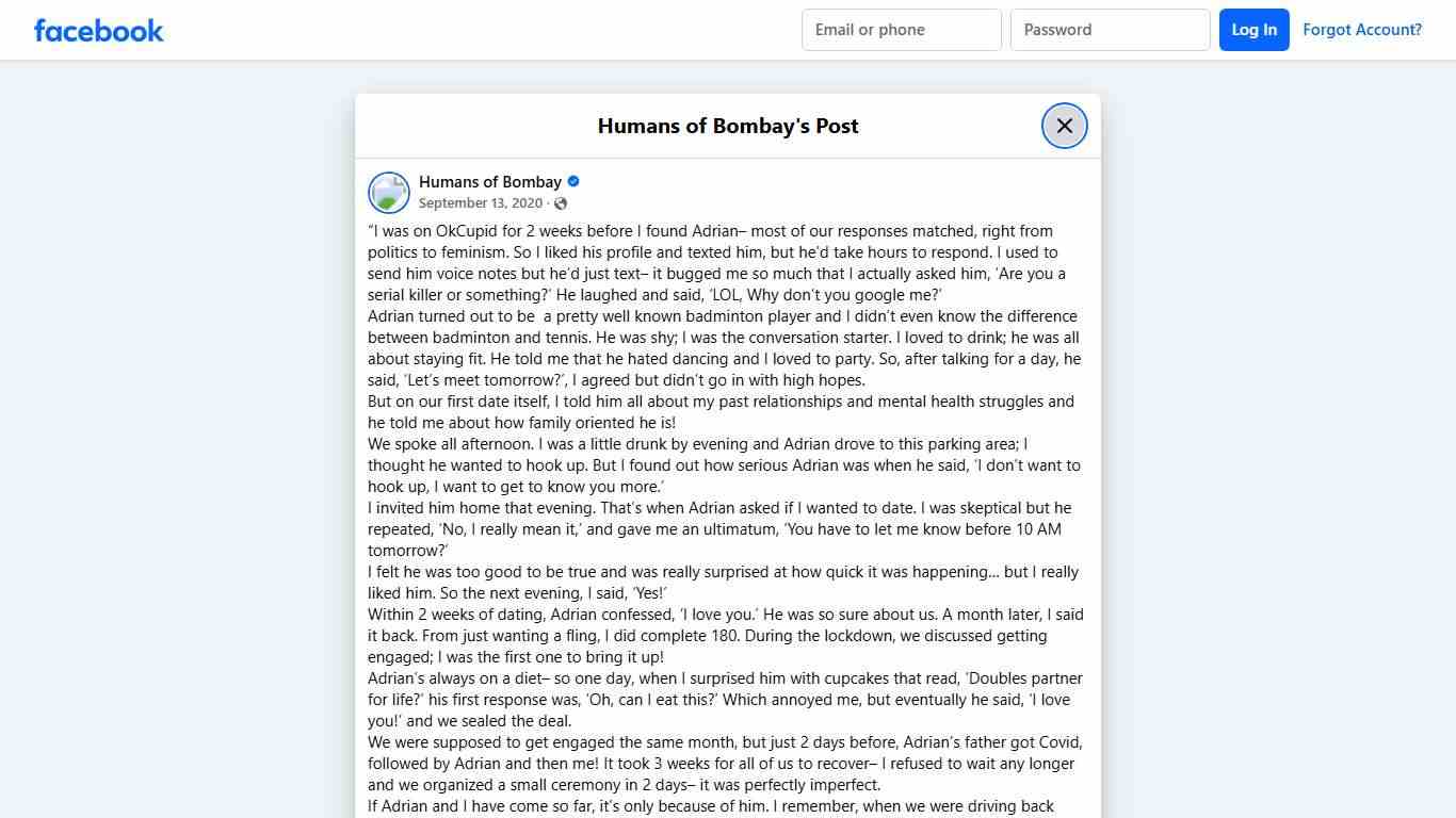 “I was on OkCupid for 2 weeks before I... - Humans of Bombay Facebook